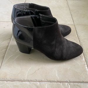 Black faux Patent leather and suede ankle boots